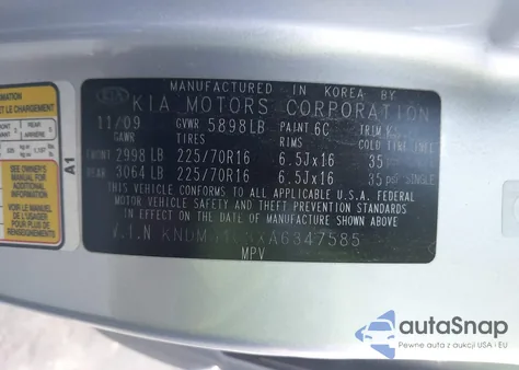 2010 Kia Sedona Lx z USA, uszkodzony, nr VIN KNDMG4C3XA6347585